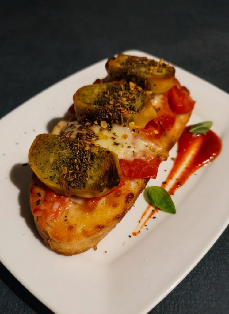 schwäbisches Pizzaguette mit Maultaschen belegt und gebacken